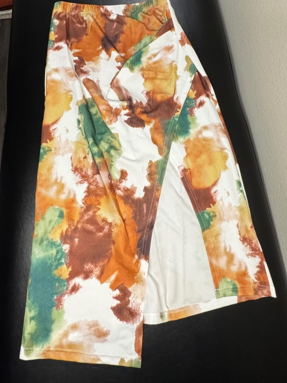 Women's Midi Skirt Watercolor Tie-Dye Print Orange Green Brown Cream Elastic Wai